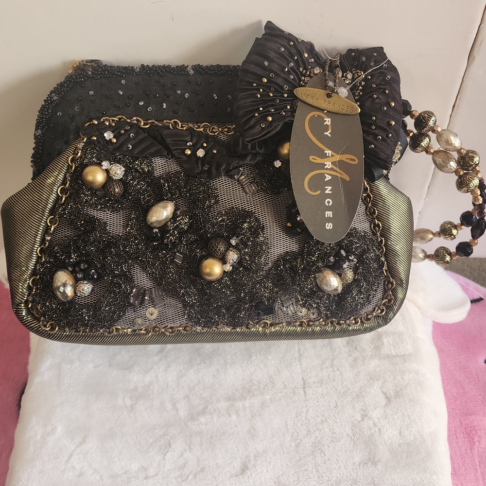 Elegant Black and Gold Beaded Clutch by Mary Frances Purse Unique